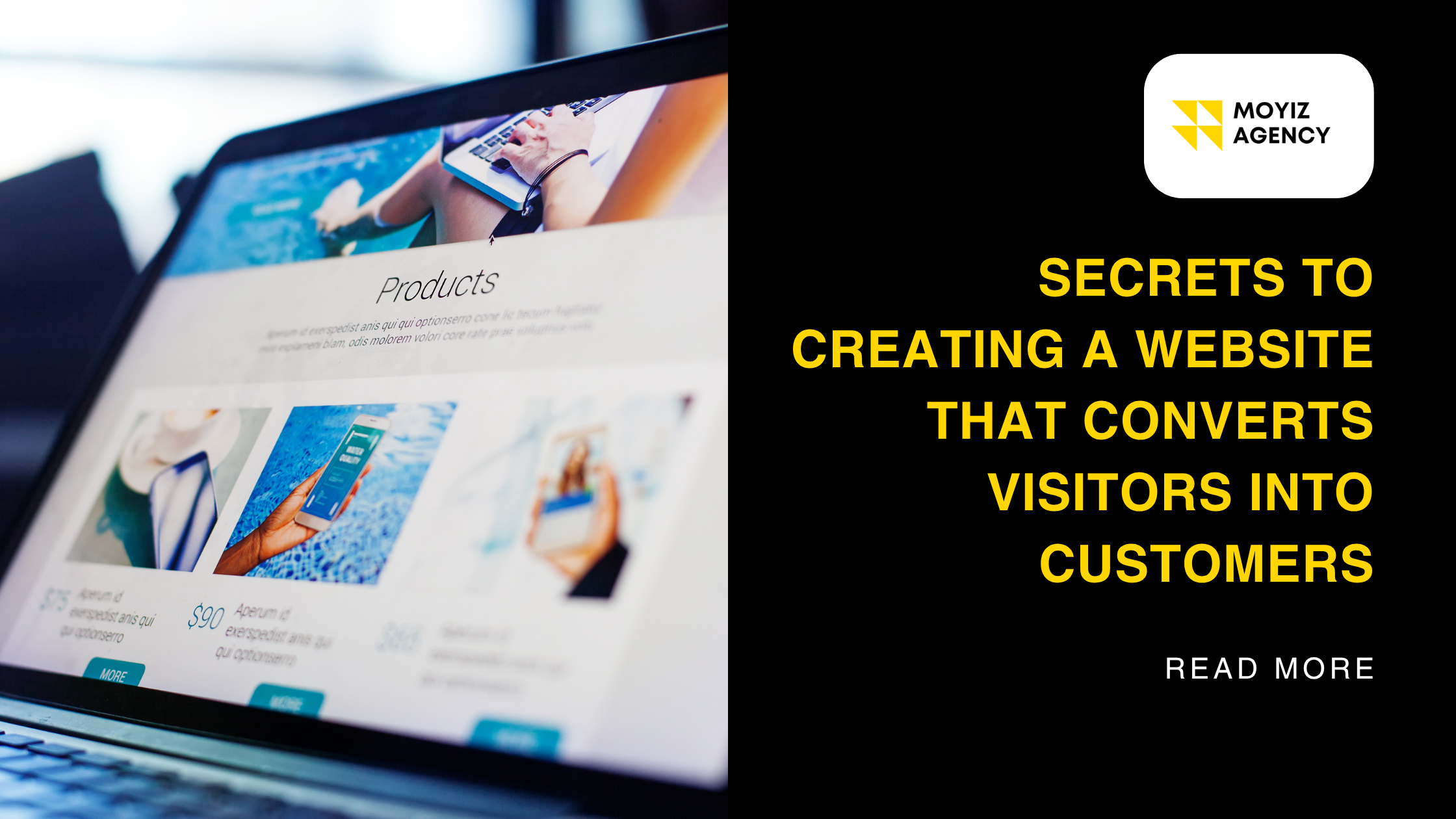 A product website with the business logo, blog title, and read more option.