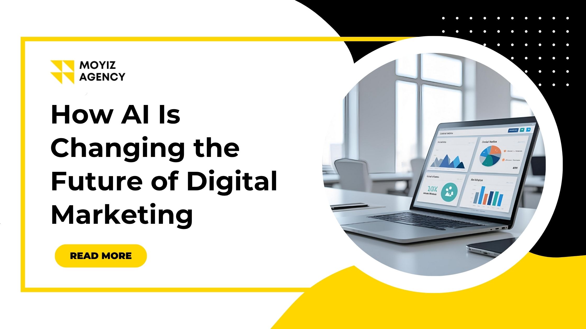 AI-based digital marketing statistics with the business logo, blog title, and read more option.